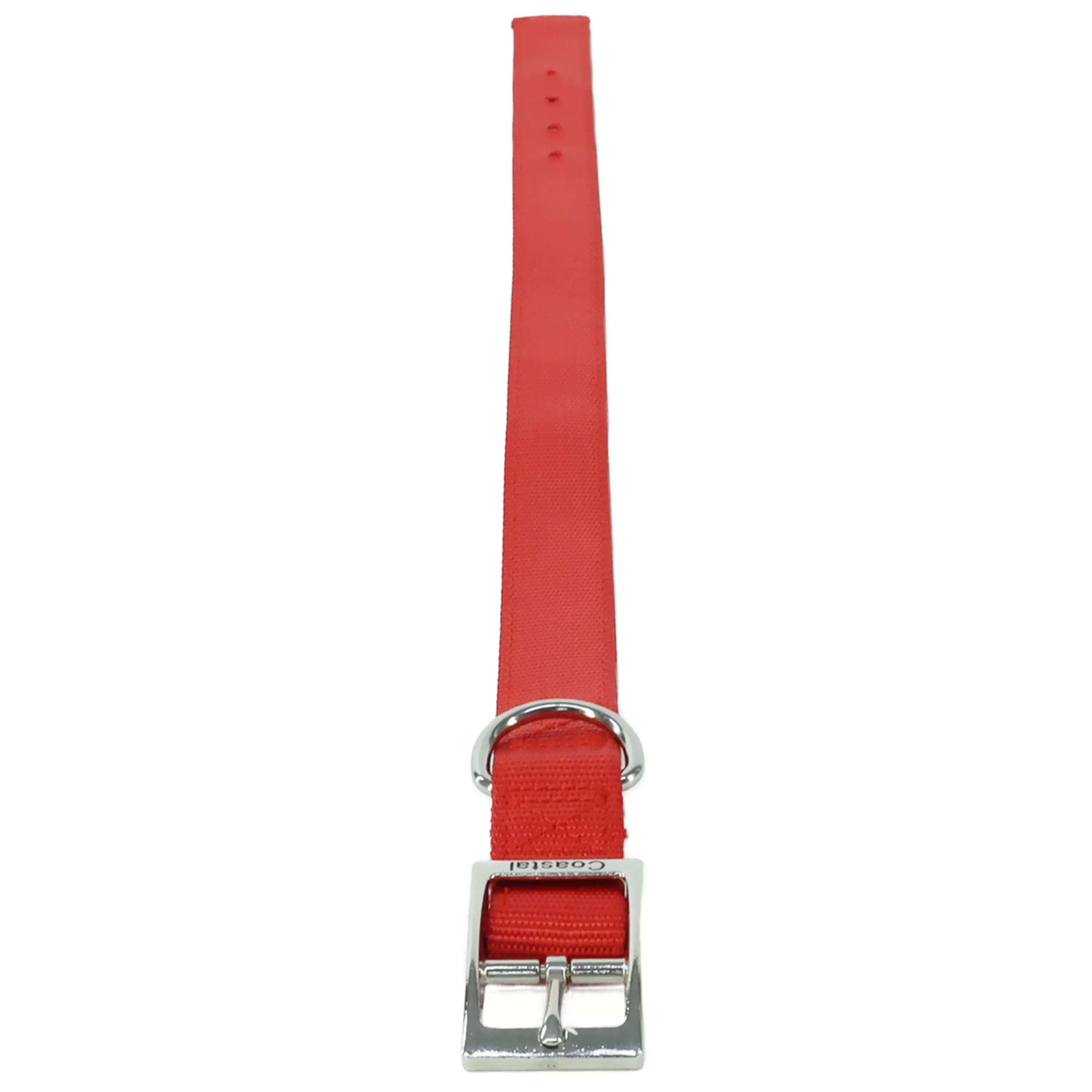 A product‑only image of a red double‑ply dog collar displayed vertically against a white background. The collar is constructed from thick woven nylon with a ribbed texture and visible stitched edges. At the bottom of the frame is a silver‑tone metal buckle with round sizing holes, and a matching silver‑tone metal D‑ring is positioned above the buckle, secured in place with a folded and stitched strap loop. The strap extends straight upward, showing the smooth, reinforced nylon material.