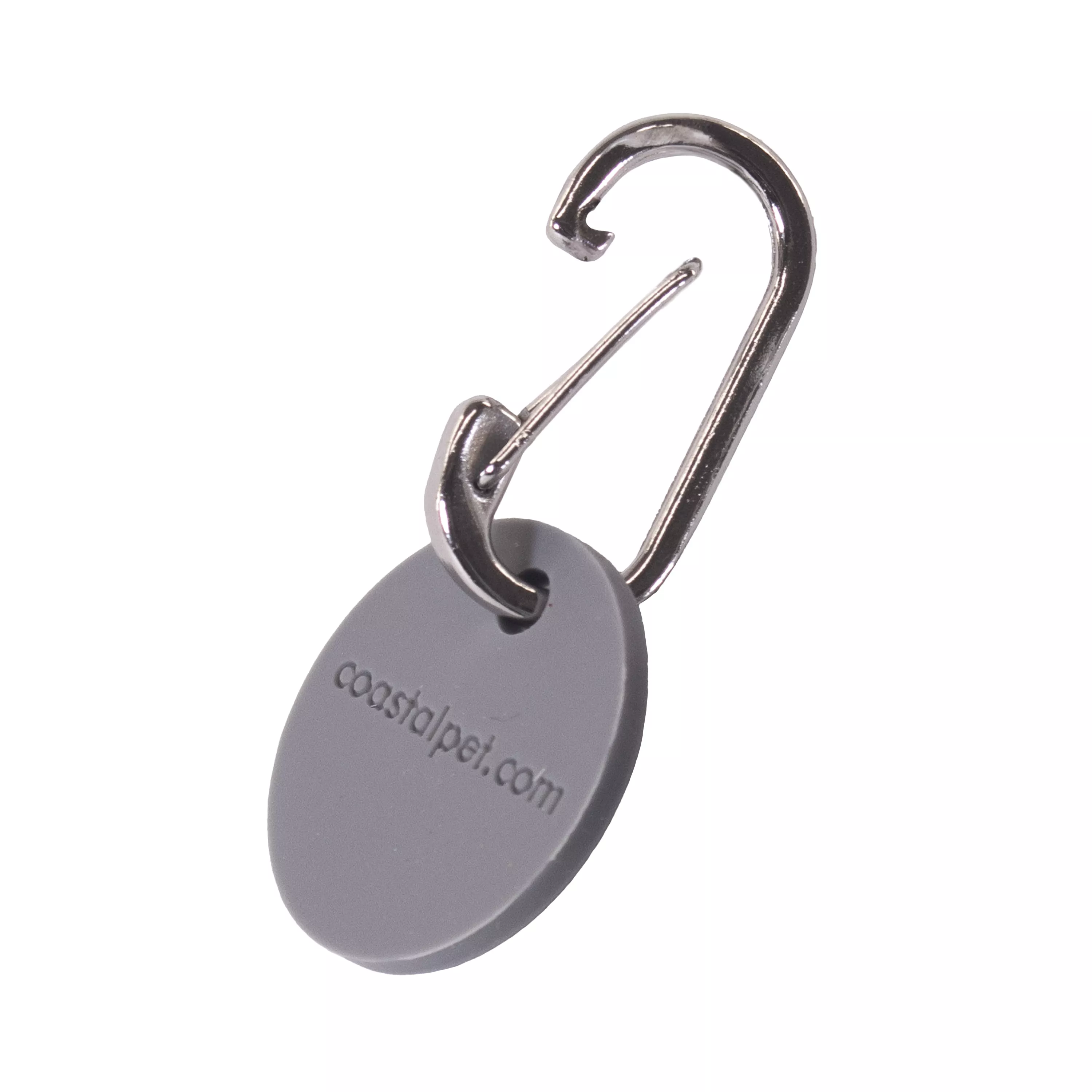 Gray oval silicone tag engraved with "coastalpet.com" attached to a silver clip, placed on a white background.