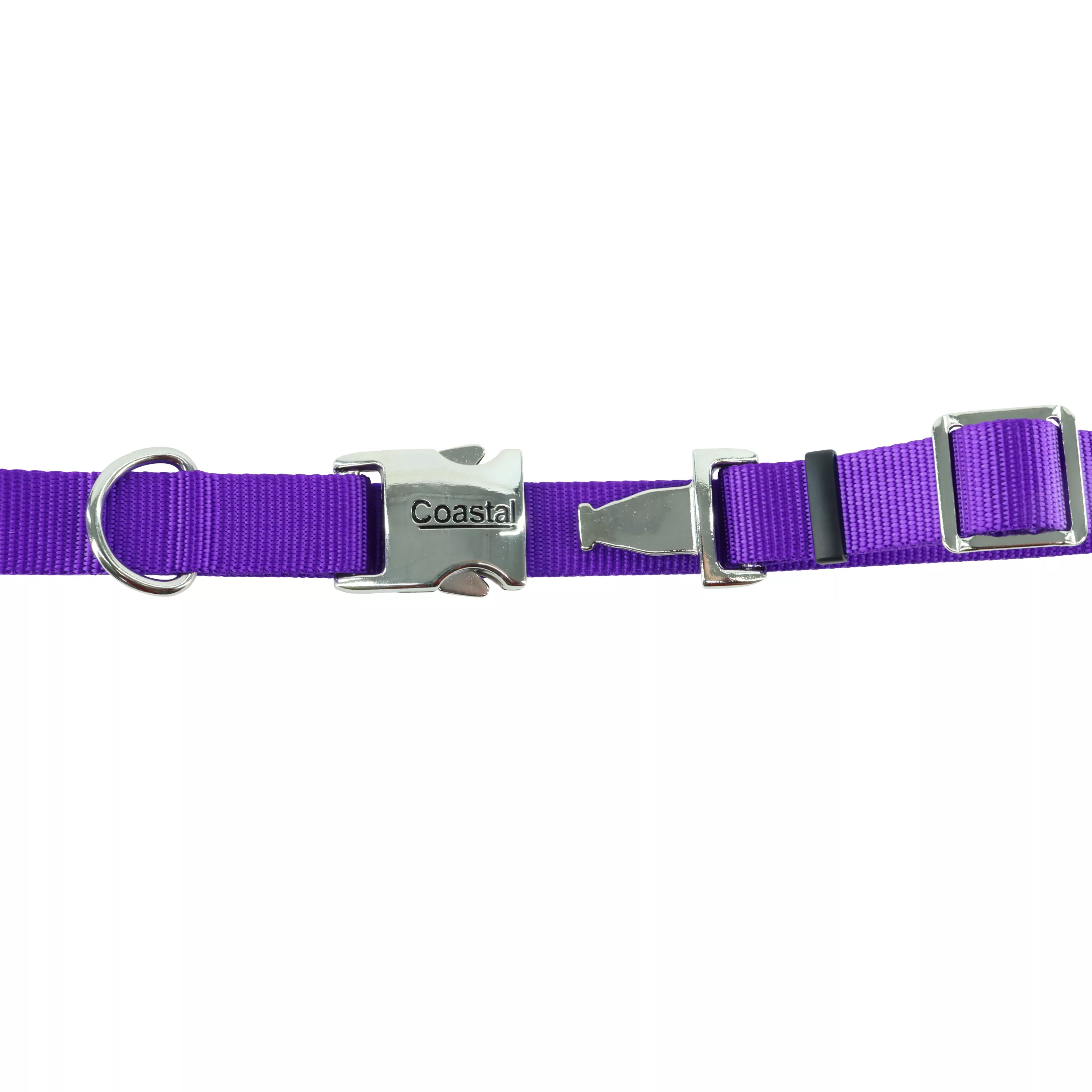 A product‑only image presents the Coastal® Adjustable Dog Collar with Metal Buckle in purple displayed in a full looped configuration. The strap is made of dense, ribbed purple nylon. A silver‑metal buckle secures the ends, and a matching D‑ring is positioned near the buckle for attaching tags or a leash. Multiple metal adjustment slides sit along the strap, enabling size changes. The nylon color is bold and uniform with clean stitching along the edges.