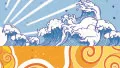 A swatch featuring a vivid illustration blending land and ocean imagery. The upper portion shows stylized white waves against a turquoise sky with radiating white sunburst lines. The lower section transitions into swirling golden‑orange spiral shapes. The print is bright, graphic, and energetic with smooth edges and bold color blocks.