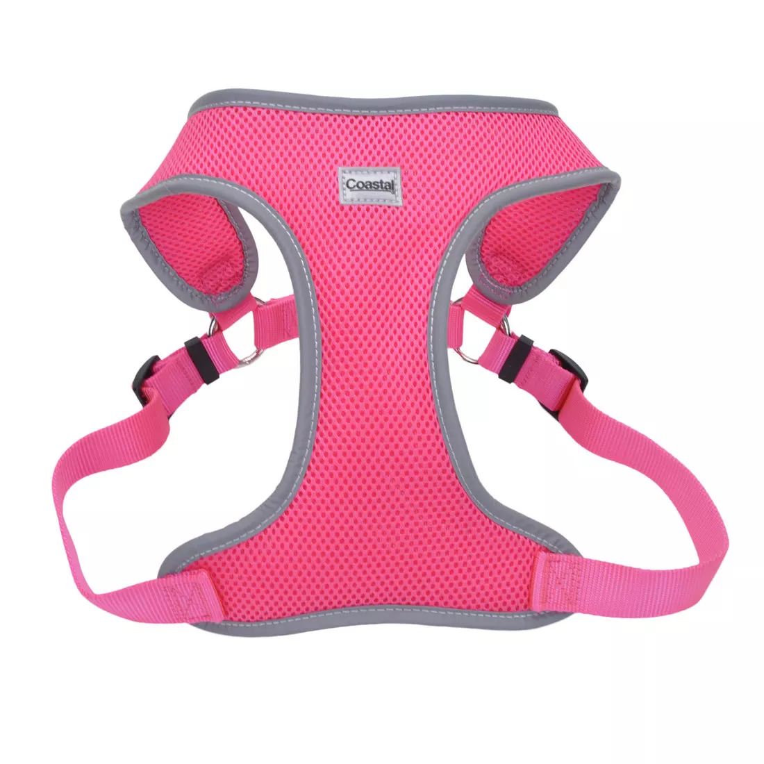 A product‑only image of a neon pink Comfort Soft Reflective Wrap adjustable dog harness shown against a white background. The harness features a padded mesh chest panel in bright neon pink with a textured honeycomb pattern. Reflective gray trim outlines the edges of the chest panel. The harness includes pink woven straps with black plastic adjustment sliders and a black plastic side‑release buckle. A silver‑tone metal D‑ring is positioned at the top of the back strap.