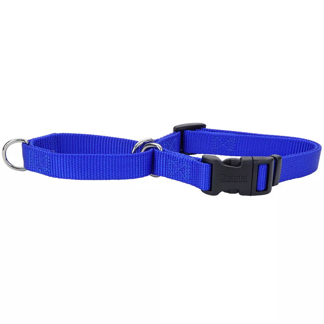 A product photograph of a blue adjustable dog collar with a buckle, shown on a white background. The matte woven fabric is a medium blue color. The collar features a black plastic side‑release buckle, a black plastic slide adjuster, and a silver metal D‑ring. The collar lies in a gentle curve displaying its hardware and woven texture.