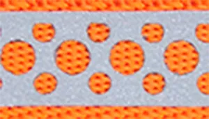 A swatch displays an open‑design reflective leash material. The fabric appears light gray with reflective qualities and evenly spaced circular cutouts forming an open pattern. Bright orange paw print shapes are visible beneath or within the cutout pattern, creating a layered appearance.