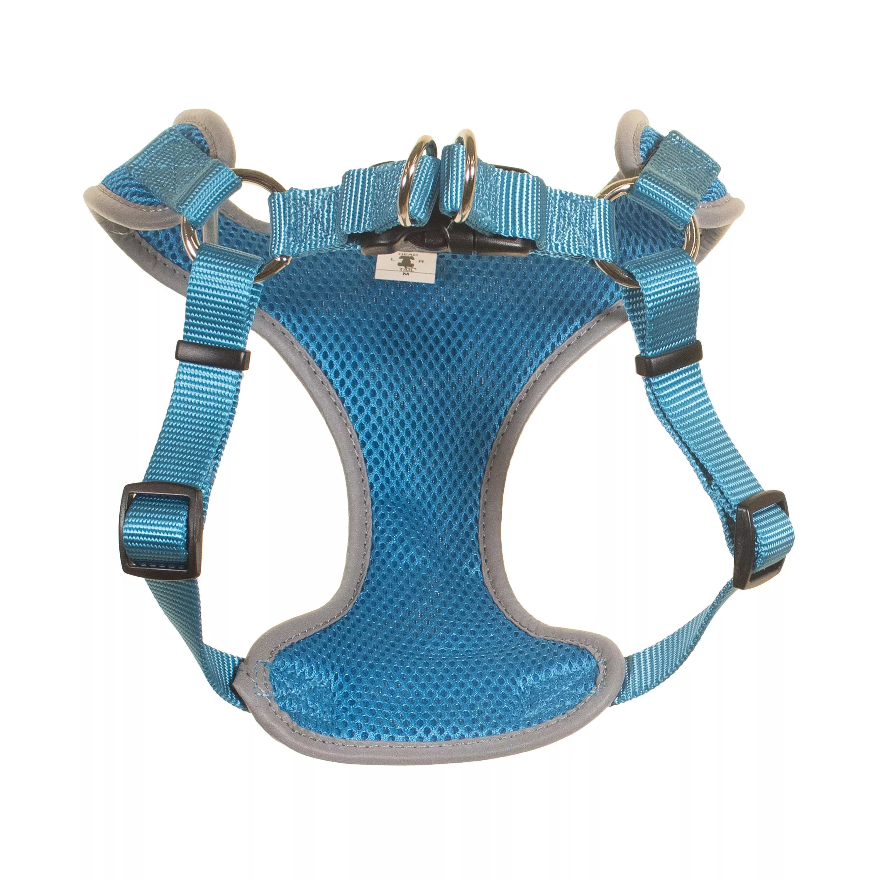 Light blue dog harness shown from the back at an angle with adjustable straps, buckles, and reflective light gray edging.