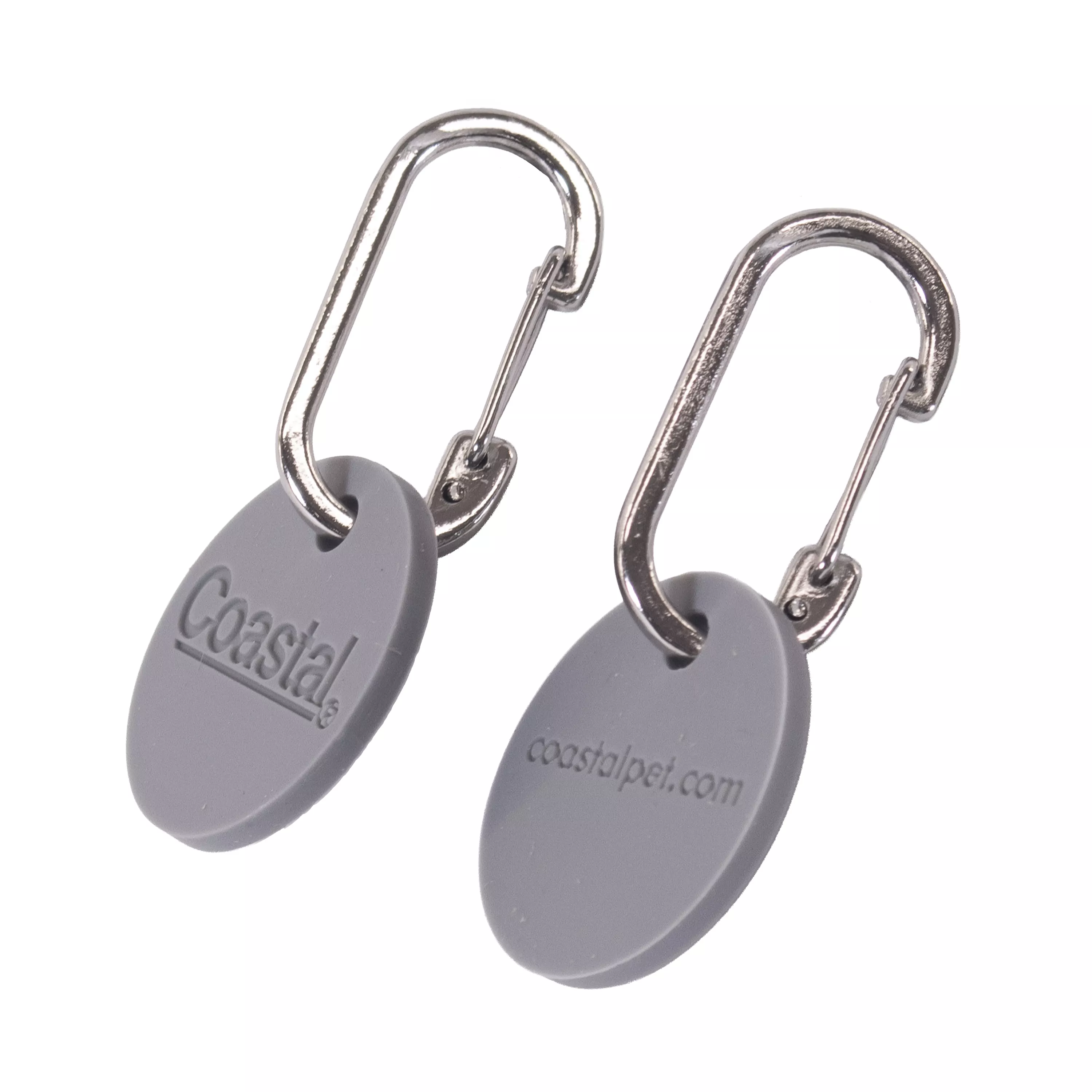 Two gray oval silicone tags engraved with “Coastal Pet" and "coastalpet.com" each attached to a silver clip, placed on a white background.