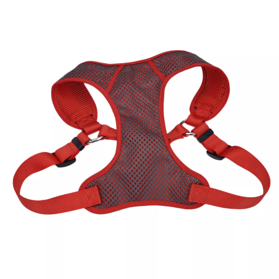 A product‑only image of a gray and red Comfort Soft Sport Wrap adjustable dog harness displayed against a white background. The harness features a padded gray mesh chest panel with a honeycomb texture and red woven straps. Gray edging outlines the arm openings and neckline. Black plastic adjustment sliders are attached to the red straps, and a black plastic side‑release buckle secures the girth strap. A silver‑tone metal D‑ring is positioned on the back strap.