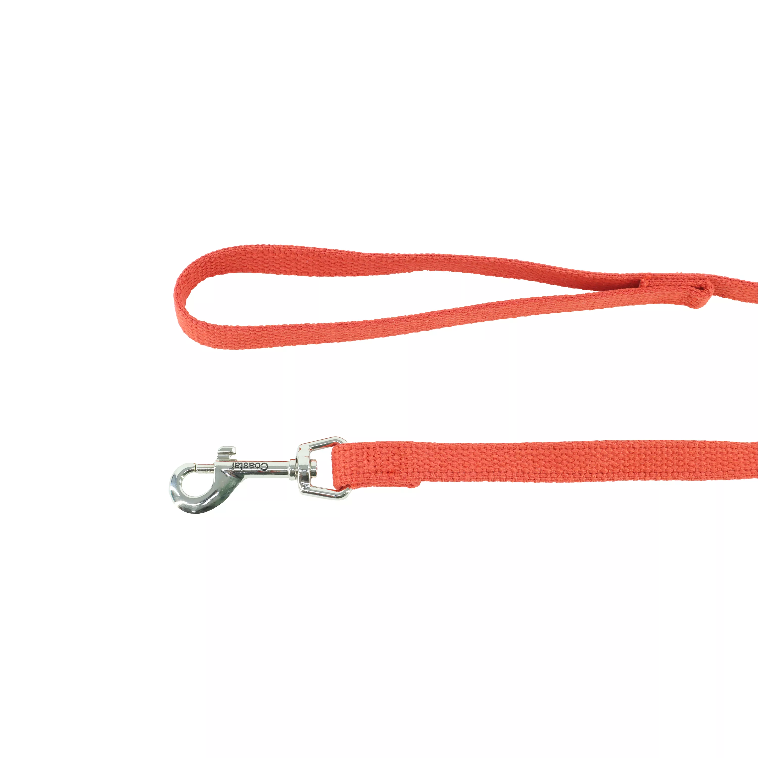 A red cotton web dog training leash is shown against a white background. The leash is arranged with the handle loop positioned above the main length of the strap. The leash is constructed from flat red woven cotton material. A silver metal swivel snap hook with a spring‑loaded clasp is attached at the opposite end, secured with red stitching.
