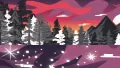 A swatch depicting a stylized nighttime mountain scene. The background blends deep purples, pinks, and reds to create a sunset‑to‑dusk gradient. Silhouettes of evergreen trees and mountain peaks appear in navy, with star‑like specks dotted across the upper sky. The artwork is bold and graphic with smooth printed texture.