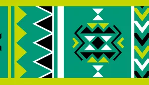 A swatch showing a Southwestern‑inspired pattern in vibrant lime, teal, black, and gold. Bold geometric shapes — including diamonds, zigzags, and stylized star motifs — repeat across the surface in crisp, angular lines. The color palette is striking, with saturated lime and teal contrasted against black and bright yellow accents.