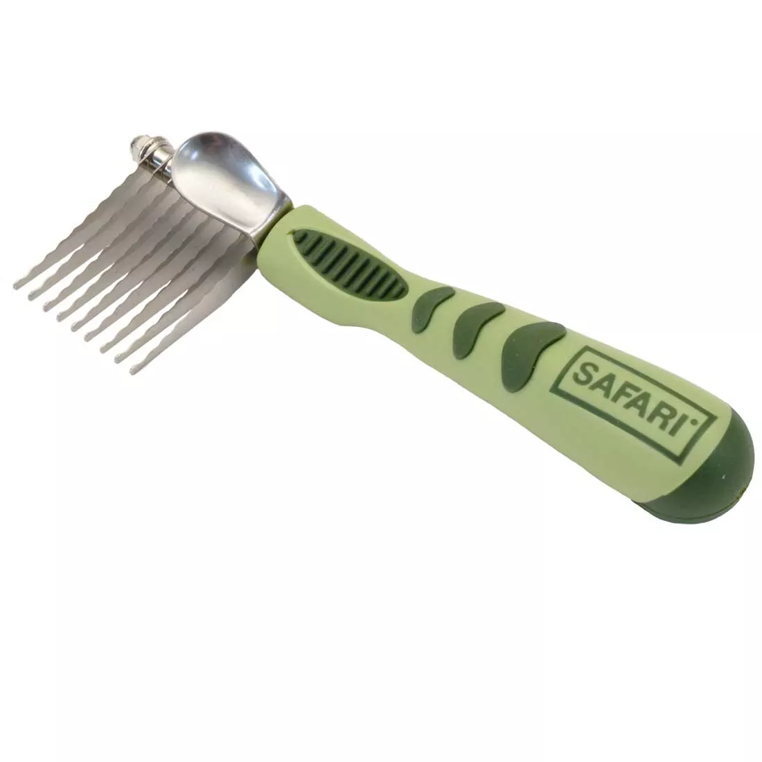 A product image of a dog de‑matting comb on a white background. The comb has a metal head with multiple curved, sharpened stainless‑steel blades arranged in a row. The blades are connected to a metallic base that transitions into a light green and dark green handle. The handle has a contoured design with darker green rubber grip areas and the printed word “SAFARI®” in dark green near the top. The end of the handle has a small hole for hanging.