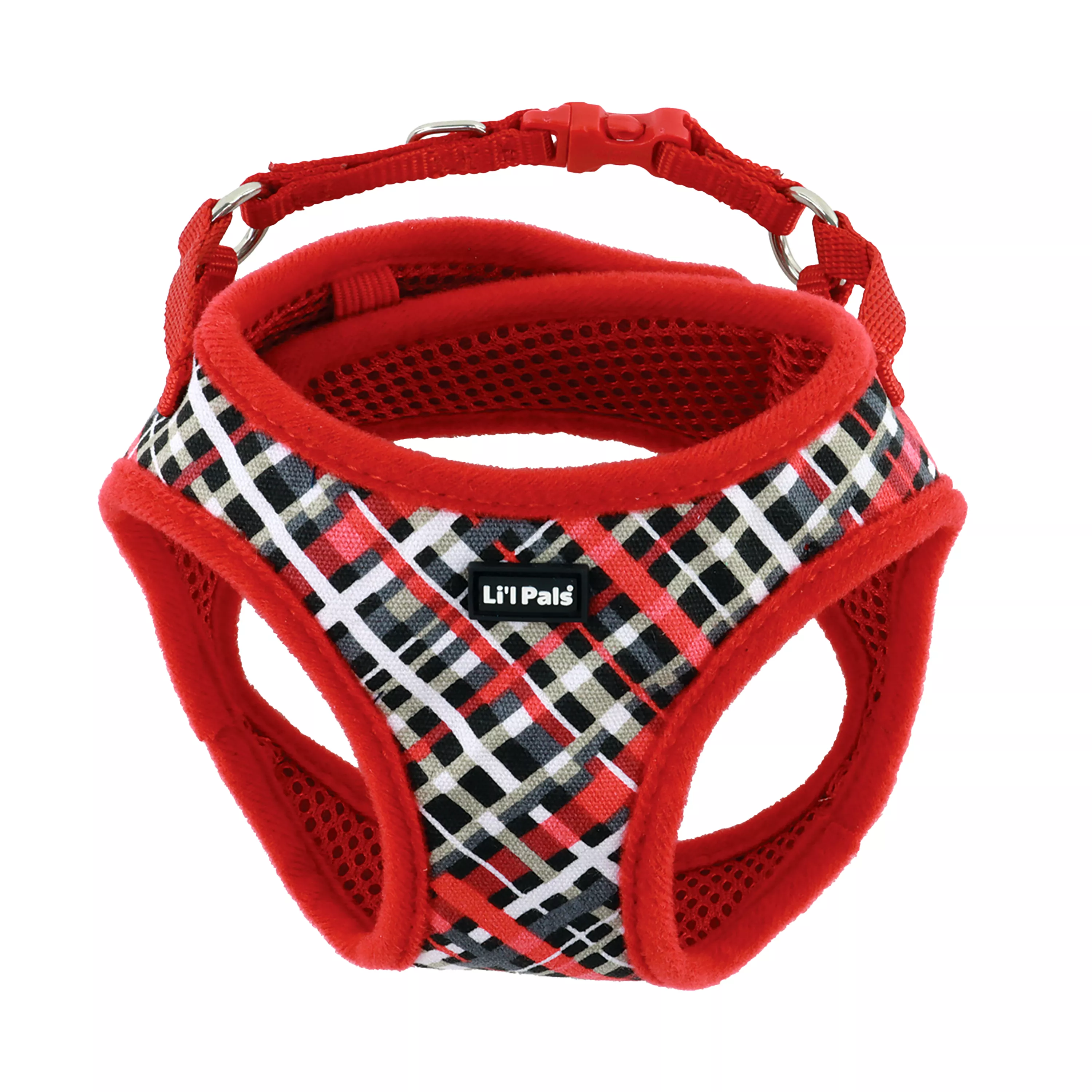 Product image of the Li'l Pals Canvas Dog Harness in Red and Grey Plaid, shown upright on a white background. The harness includes a red canvas border with a plaid chest panel, breathable black mesh lining, black plastic buckles, and a sturdy silver D‑ring positioned at the top for leash attachment.