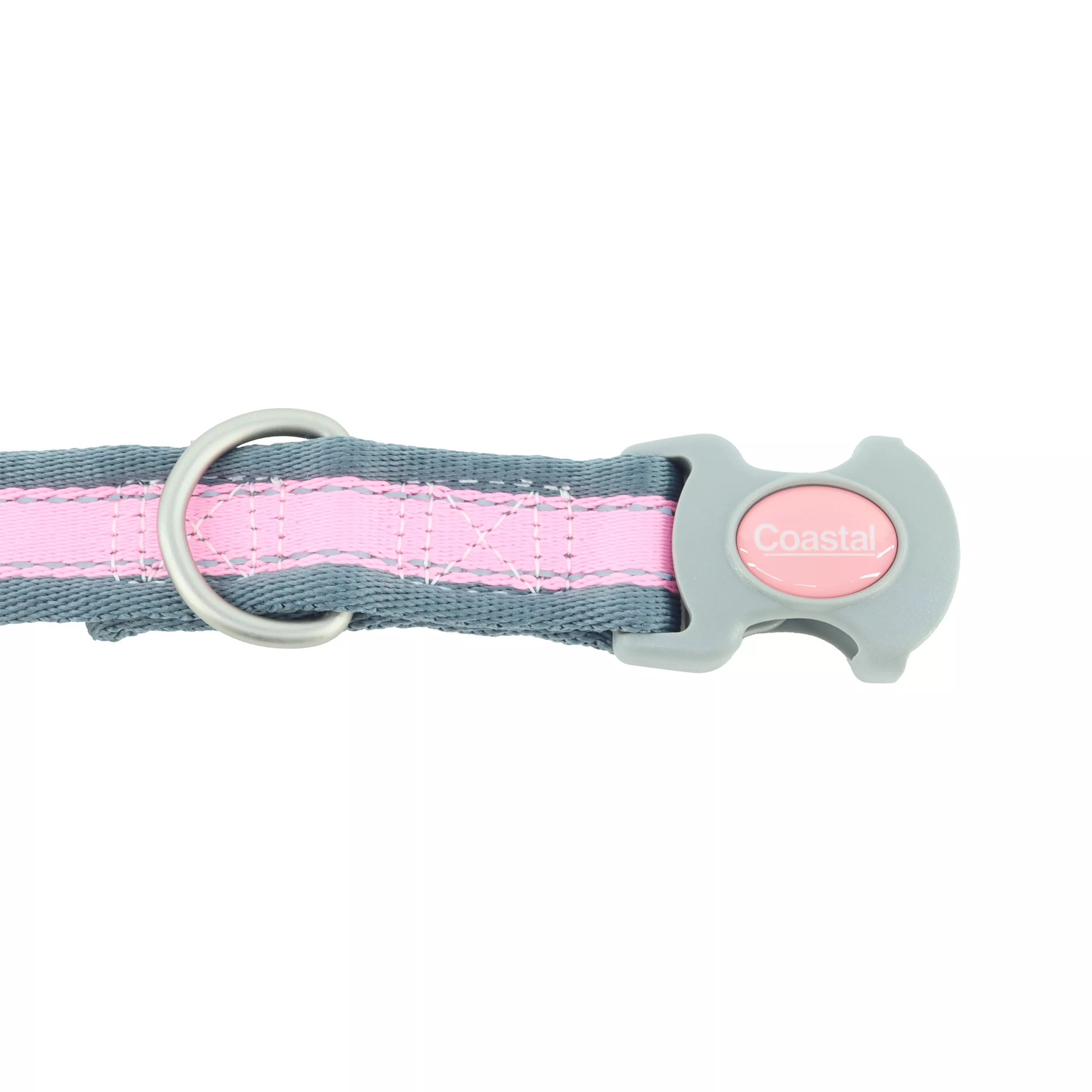 A reflective adjustable dog collar in bright pink with gray is displayed on a white background. The collar is shown at an angle that highlights the buckle area and metal hardware. The main strap is a woven bright‑pink material with gray edging and reflective stitching. A gray metal D‑ring is attached near the buckle. The buckle housing includes an oval pink brand tag set into the gray plastic. A gray adjustment slider is attached to the strap. The image shows the pink strap, gray trim, reflective stitching, gray plastic buckle, and gray metal hardware.
