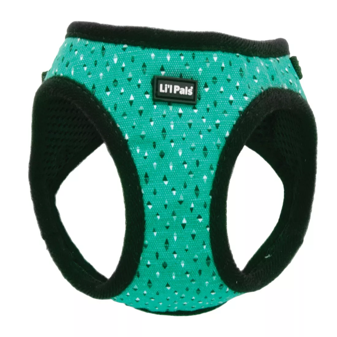 Product image of the Li'l Pals Canvas Dog Harness in Teal and Grey Diamonds, displayed from the front on a white background. The harness features a teal canvas body with black trim, black mesh lining, and a diamond‑patterned front panel in teal and grey. Black plastic buckles and a silver D‑ring sit at the top for leash connection.