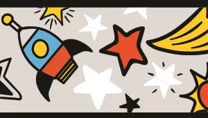A swatch displaying a cosmic‑themed pattern on a deep black background. The design features glowing yellow‑white stars, crescent moons, and starbursts scattered across the surface. Some celestial shapes appear outlined in soft halos, giving them a luminous effect against the dark backdrop. The pattern has a whimsical, nighttime aesthetic with smooth printed texture.