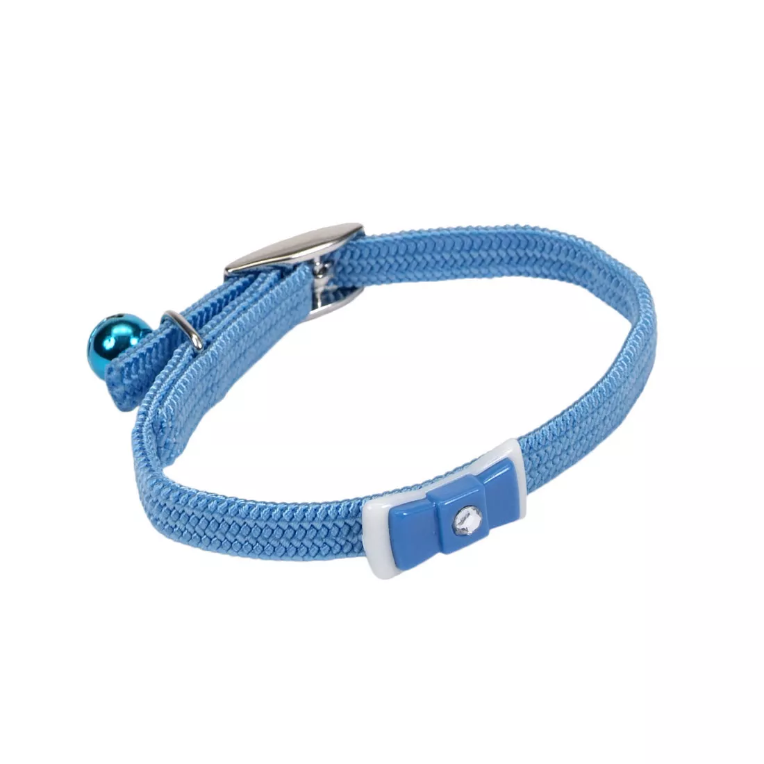 Product image of the Li'l Pals Elasticized Safety Kitten Collar with Jeweled Bow in Blue displayed on a white background. The collar features a light blue elasticized strap with a  matching bow at the front, accented with a clear jewel and equipped with a safety buckle.