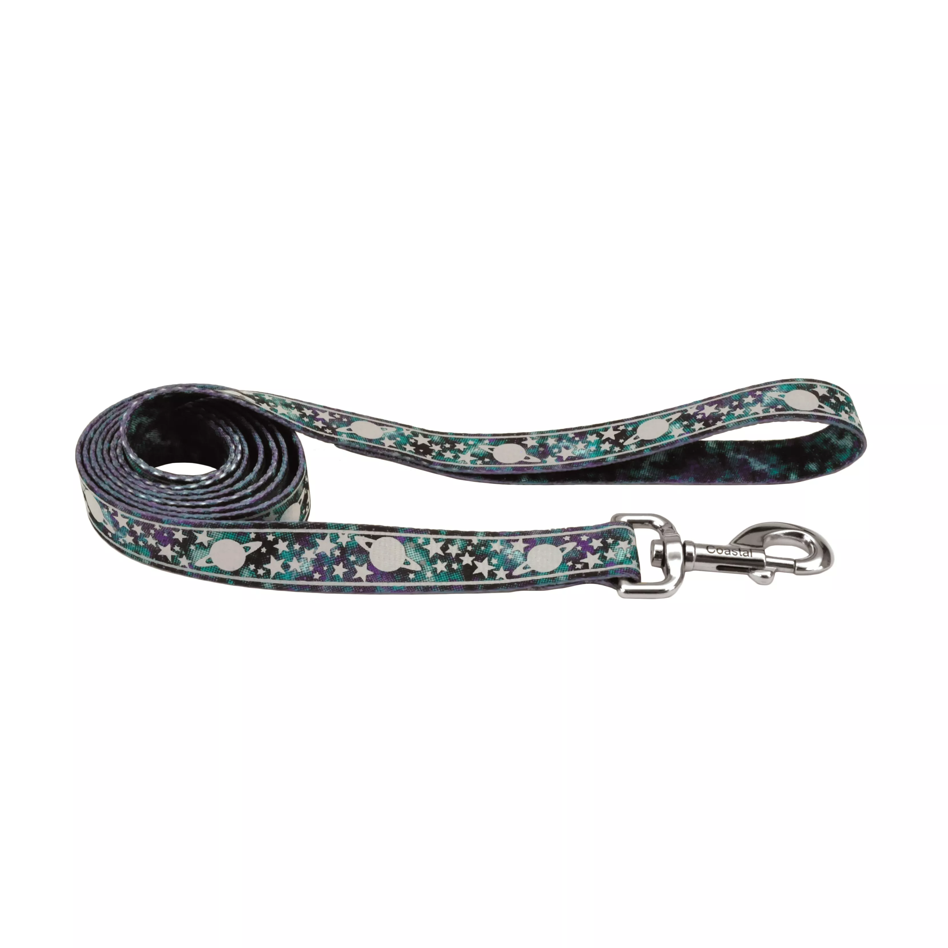 A reflective dog leash is shown coiled on a white background. The strap consists of dark woven webbing with a light‑gray reflective strip laser‑etched with swirl‑shaped graphics. A silver swivel snap is attached at one end with reinforced stitching.
