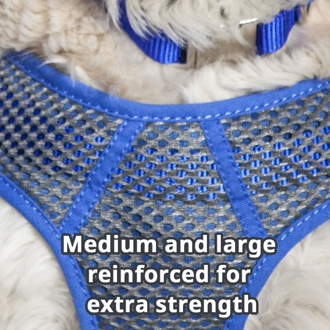 A lifestyle photograph shows the back of a dog wearing a sport wrap adjustable dog harness in blue. The harness features a mesh structure with reinforced stitching. White printed text over the image reads “Medium and large reinforced for extra strength”. The background includes grass and an outdoor setting.
