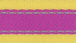 A swatch composed of a woven strap with alternating horizontal color sections. The center band is bright yellow with a tight weave. Framing the yellow are two vertical rows of pink stitching, which border a surrounding wide strip of magenta‑pink webbing. The combination creates a vivid, high‑contrast color palette with clearly defined woven texture.