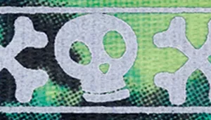 A swatch featuring cartoon‑style skulls in reflective gray set against a bright lime‑green background. The skulls vary slightly in size and expression, with simple rounded shapes and dark eye sockets. A faint grid texture appears beneath the print, giving the material a lightly patterned textile feel.