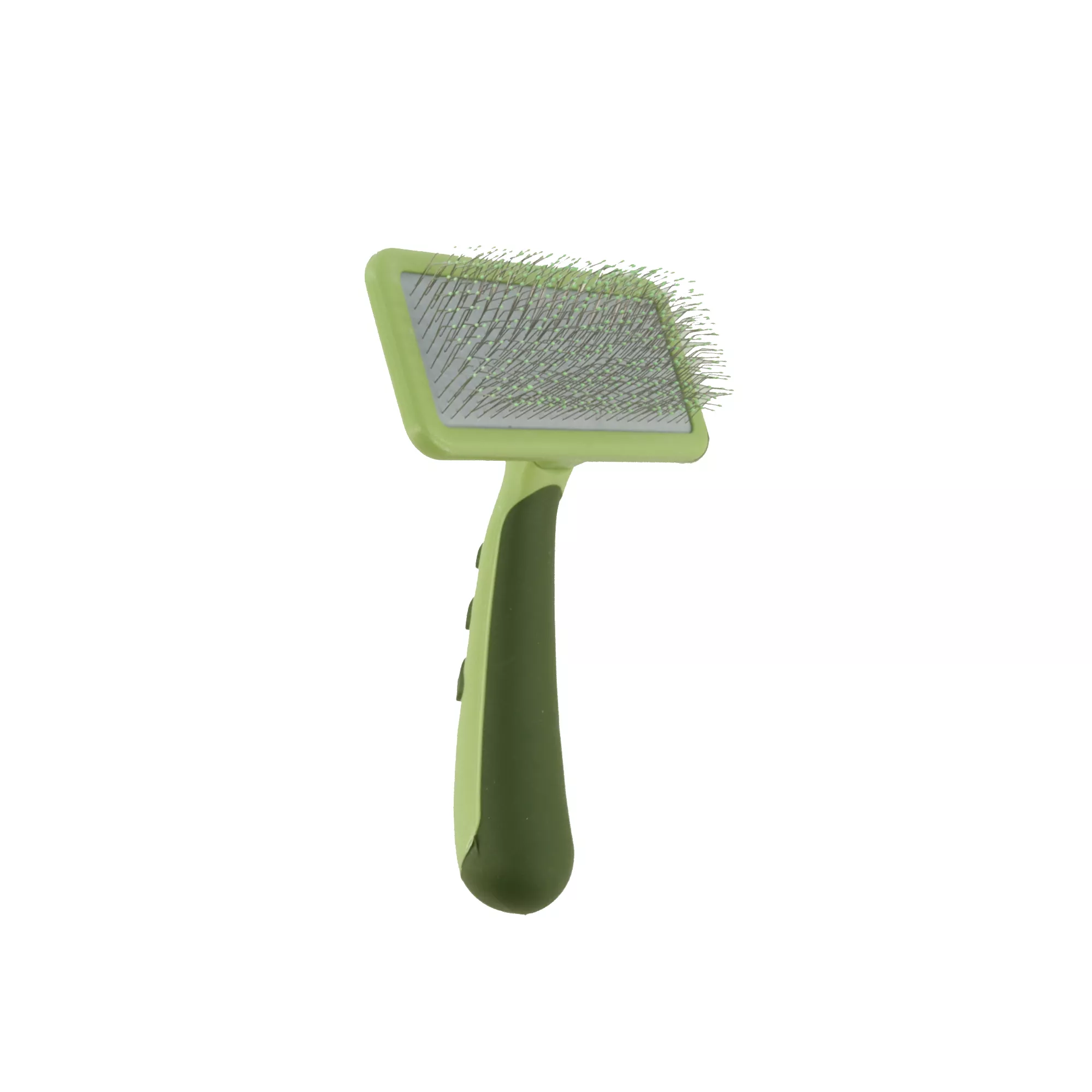 A soft slicker brush shown at a three‑quarter angle on a white background. The rectangular brush head has a light pad filled with thin, closely spaced metal pins. The light green plastic handle has an ergonomic curve and darker green rubber grip sections positioned along the underside.