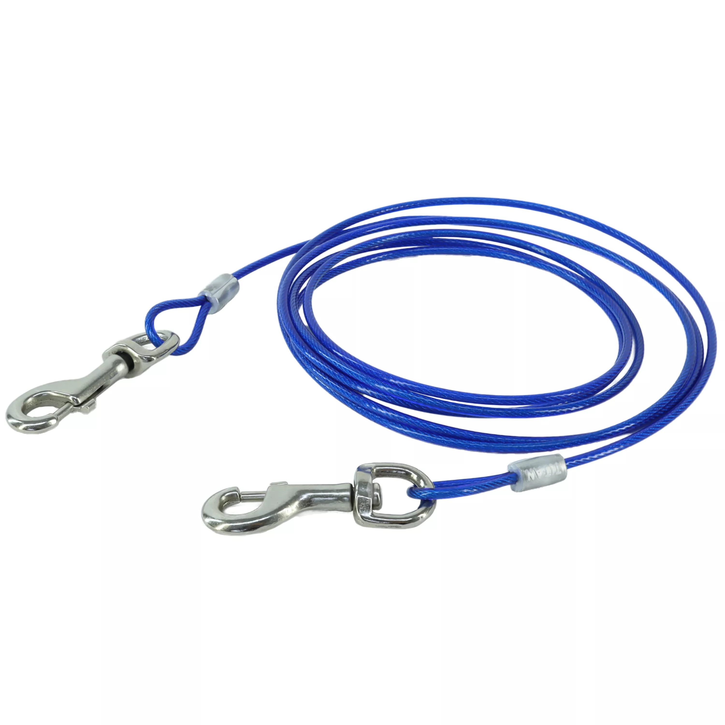 A coiled aerial dog run cable is shown on a white background. The cable is bright blue and coated in smooth plastic material. At one end is a silver metal swivel snap hook with a spring clasp; at the opposite end is another silver metal swivel snap hook of the same design. The cable is arranged in multiple loose loops. Small silver metal crimps are visible near the hook connections, holding the cable ends in place.