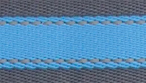 A swatch featuring a tightly woven strap composed of bright sky‑blue and charcoal‑grey fibers. The pattern alternates in horizontal bands, with grey forming the borders and blue forming the center. The stitching is visible and neat, creating a sturdy, multi‑tone textile.