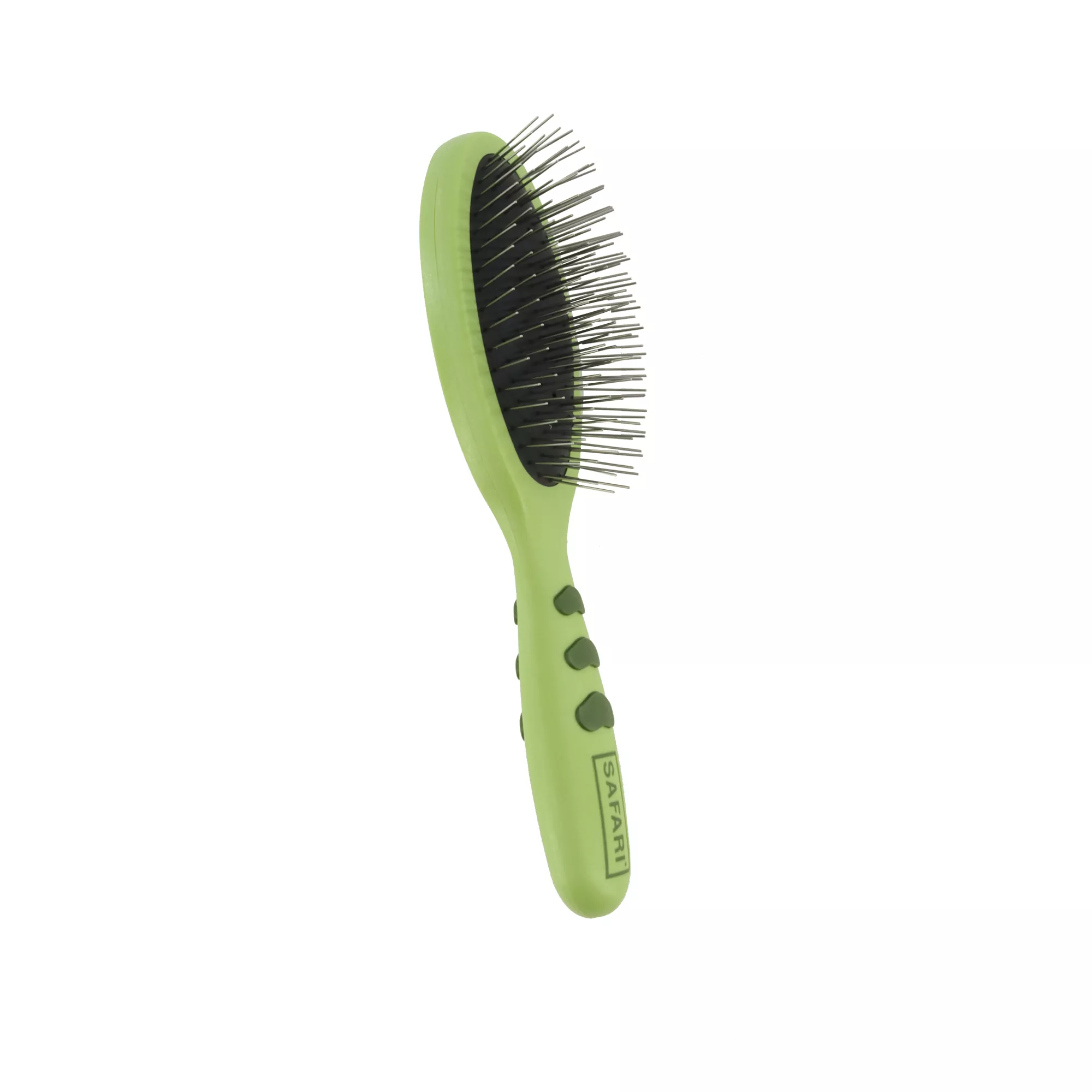 A wire pin brush with a plastic handle shown at a three‑quarter angle on a white background. The oval brush head is filled with straight metal pins extending from a black cushioned pad. The handle is curved light green plastic with darker green rubber grip areas.