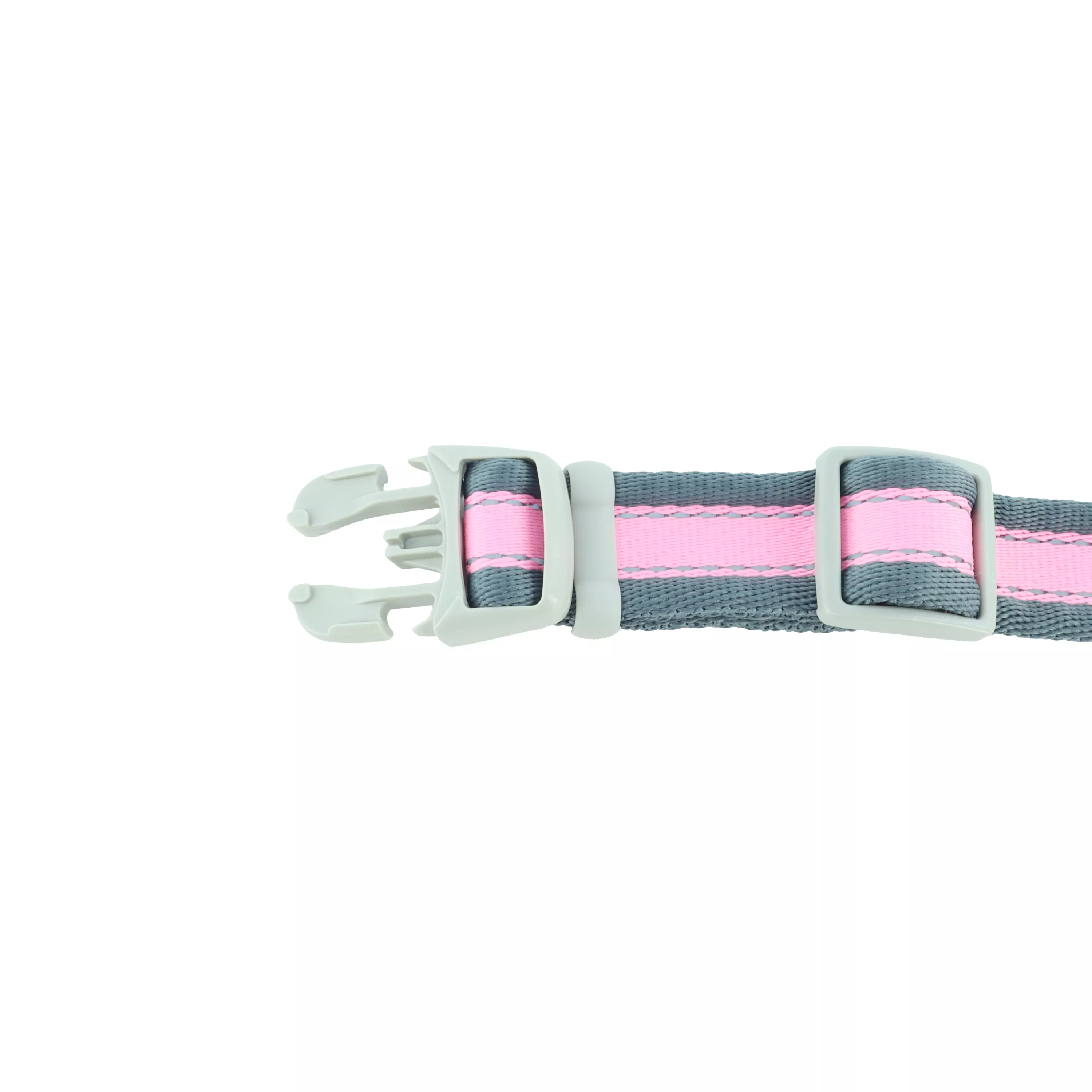 A reflective adjustable dog collar in bright pink with gray is shown against a white background. The collar is positioned with a gentle curve, showing a section of the strap and the hardware. The woven strap is bright pink with gray edge binding along both sides. Reflective stitching runs parallel to the edges. The buckle is a gray plastic side‑release design with both halves visible. A gray adjustment slider is positioned along the strap. The visible section of the collar highlights the pink strap, gray trim, reflective detailing, and gray hardware.