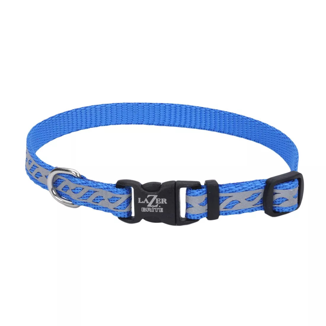 A blue open‑design dog collar is displayed against a white background. The collar consists of blue woven webbing with a light‑gray reflective strip cut with open geometric sections along its length. Hardware includes a black plastic side‑release buckle, a black adjustment slide, and a silver metal D‑ring.