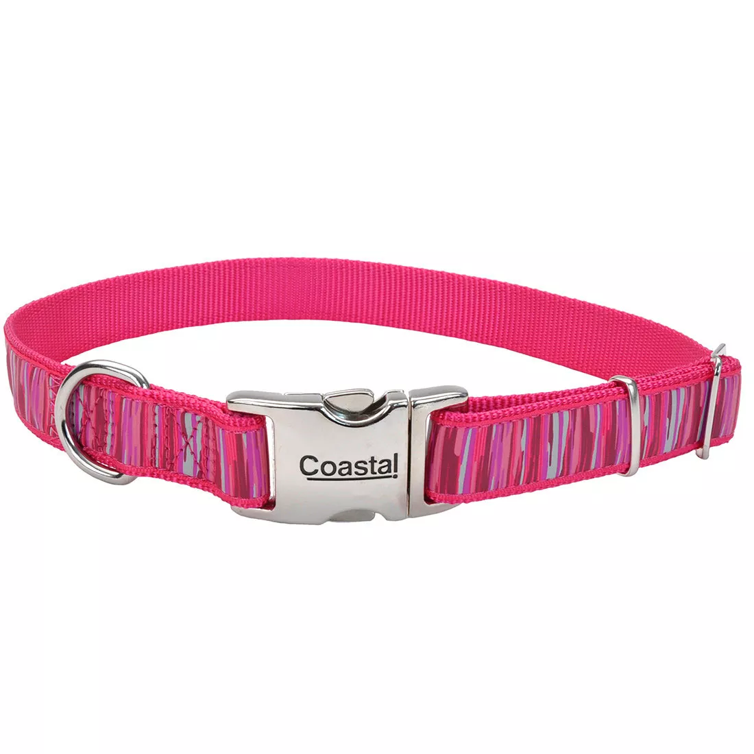 A ribbon dog collar with a metal buckle is shown against a white background. The main strap is bright pink with a ribbon overlay featuring alternating vertical stripe patterns in multiple shades of pink. The buckle is silver‑tone metal with an engraved “Coastal” logo. A metal D‑ring is attached near the buckle, and a plastic adjustment slider is positioned along the strap. The stitching along the ribbon edges is neatly finished.