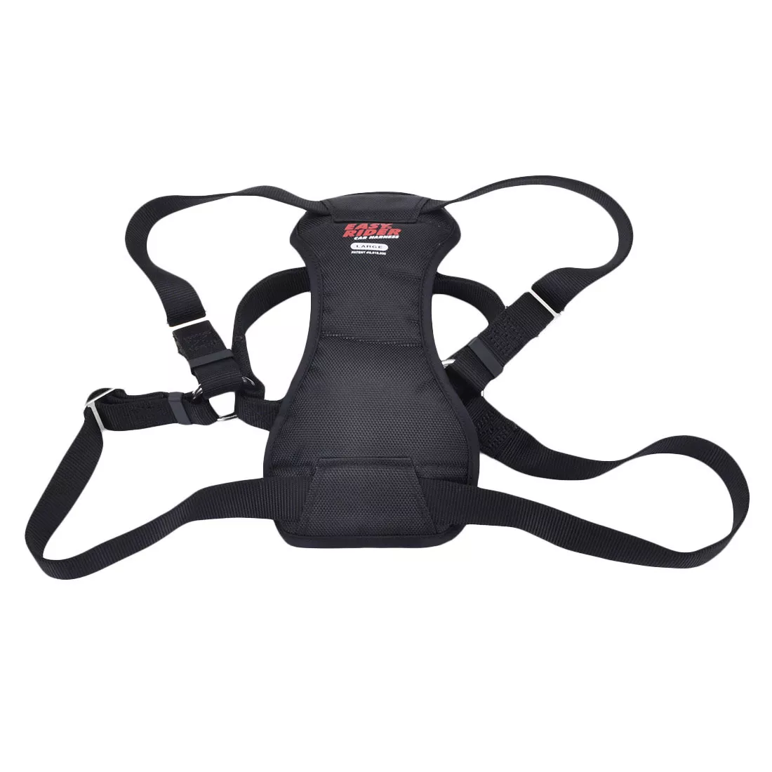 A black car harness is displayed against a white background. The harness features a wide, padded chest plate with curved edges and reinforced stitching. At the center of the chest plate is a red rectangular patch with white printed text reading “EASY RIDER CAR HARNESS.” Adjustable black straps extend from the top, sides, and bottom of the chest plate, each fitted with black plastic slide adjusters. A silver metal D‑ring is attached to the upper portion of the harness for securing a tether or seatbelt attachment. The harness has a contoured shape to fit around a dog’s chest and shoulders.