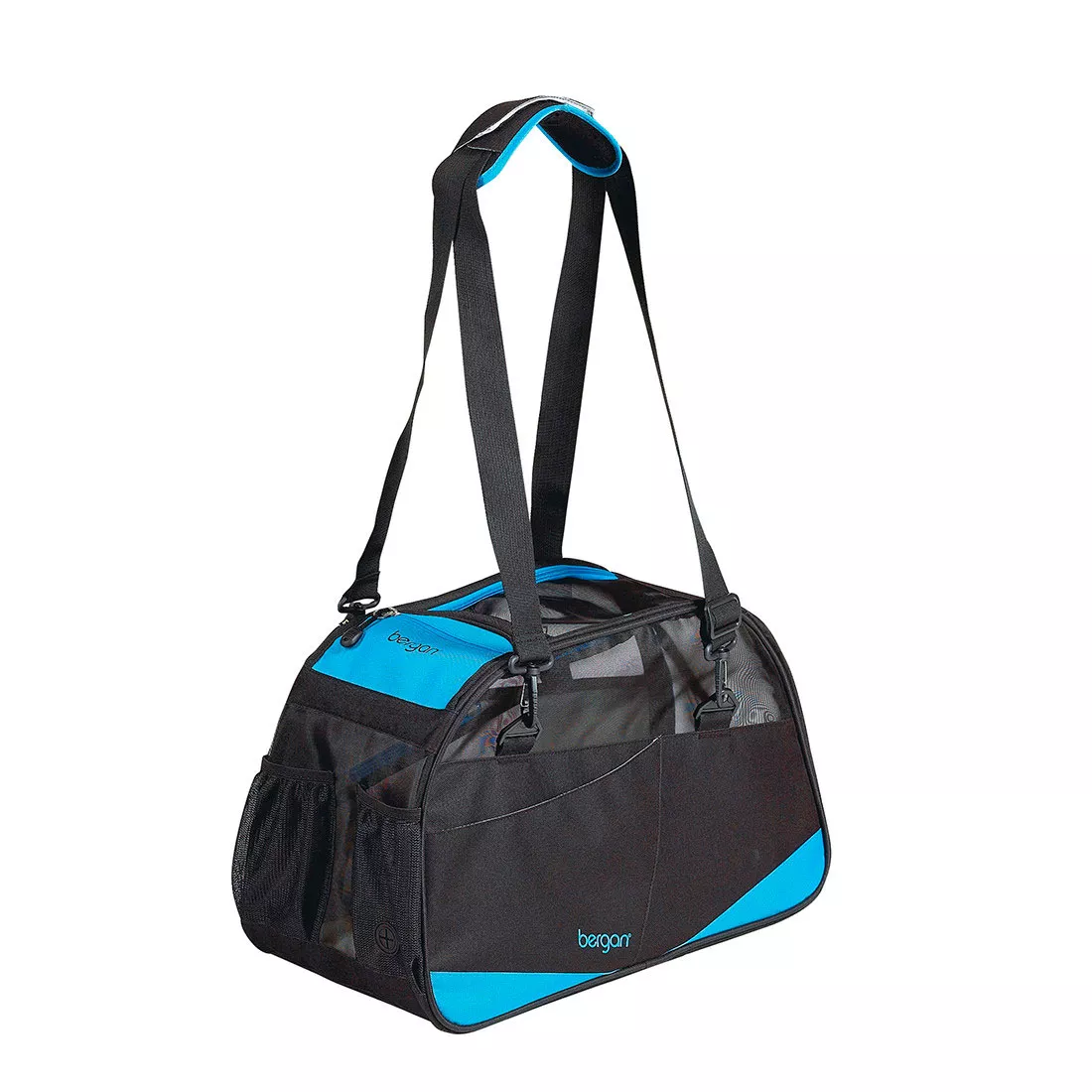 A standalone product image of the Bergan® Comfort Carrier Voyager™ is displayed against a white background. The carrier features a black body with bright turquoise accent panels along the top, strap edges, and front curved section. The front and side panels include large black mesh ventilation windows shaped into curved, aerodynamic forms. The top of the carrier has two padded black handles that join together with a wraparound grip. Gray zipper paths outline the front opening and top access panel. The structured base and reinforced seams maintain a streamlined, travel‑ready shape.