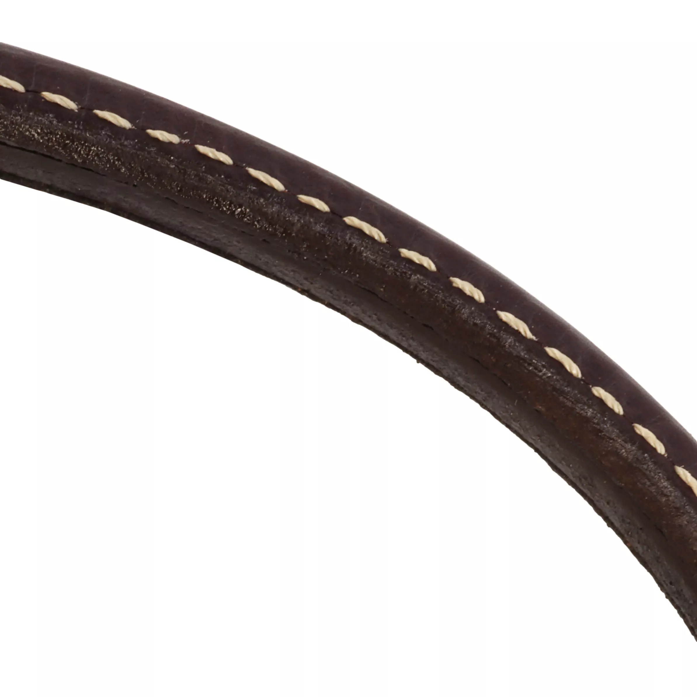 A detailed close‑up of the Circle T® Latigo Leather Round Dog Collar with Brass Hardware shows a curved section of the collar against a white background. The collar is crafted from reddish‑brown latigo leather shaped into a smooth, rounded profile with visible grain and a polished finish. The edges are burnished and even, and a line of contrasting tan stitching runs along the length of the collar, emphasizing craftsmanship and durability. Only the rounded body section is visible in this cropped detail.