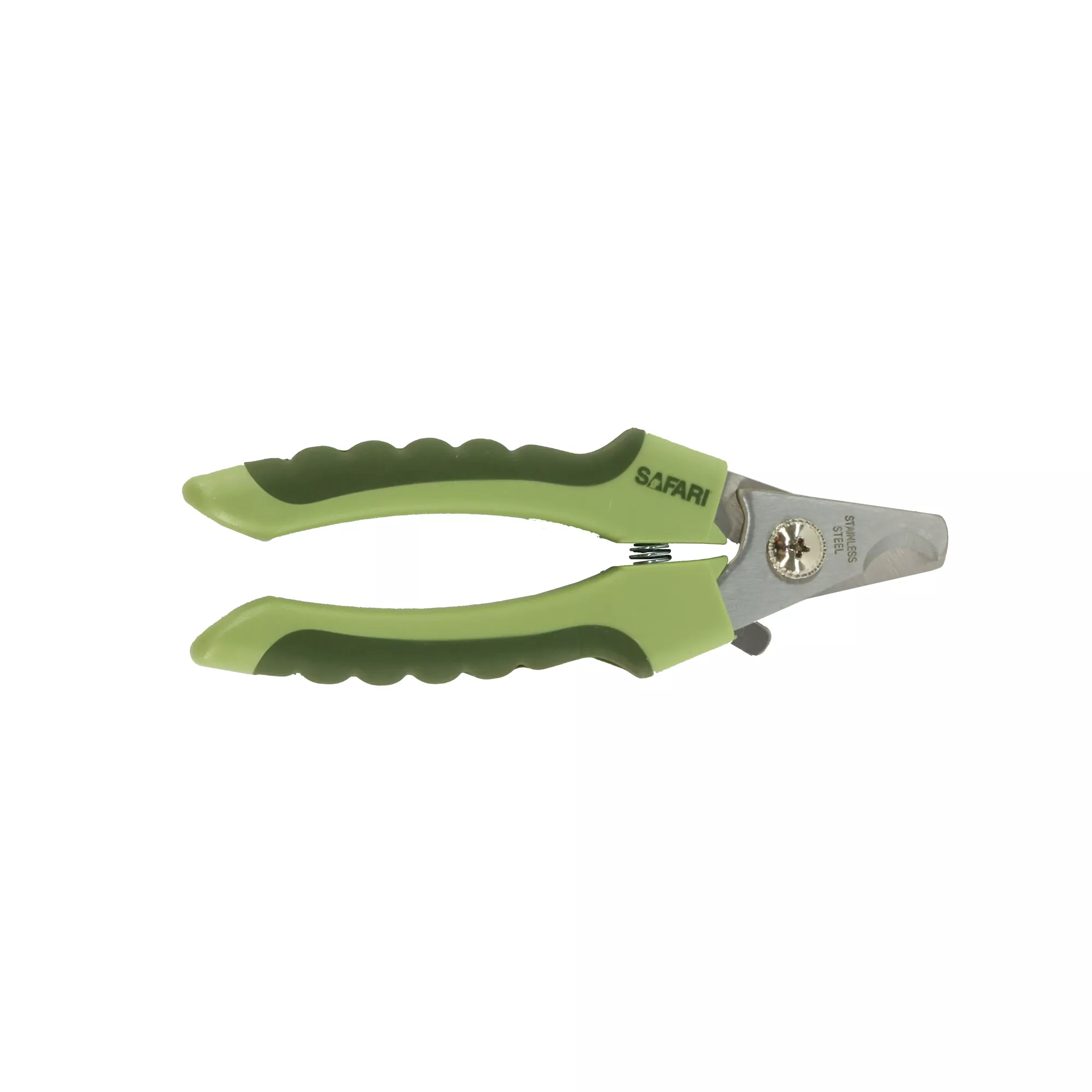 A professional dog nail trimmer displayed on a white background. The trimmer has silver metal cutting blades and dark green handles with textured grips.