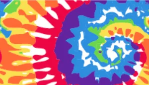 A swatch featuring a vivid tie‑dye spiral in saturated rainbow colors. Rings of bright yellow, electric blue, bold red, and vibrant pink radiate outward from the center in a swirling motion. The pattern has soft, organic edges where the colors blend slightly into one another, creating a classic psychedelic tie‑dye effect. The surface appears smooth and printed with high contrast and intense saturation.