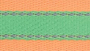 A swatch featuring a woven strap composed of two main color sections. The central band is a warm pastel teal with a tight, textured weave, bordered by thin zig‑line stitching in charcoal grey. The edges are bright orange woven bands with a broader texture. The combination creates a colorful, layered outdoor‑inspired design.