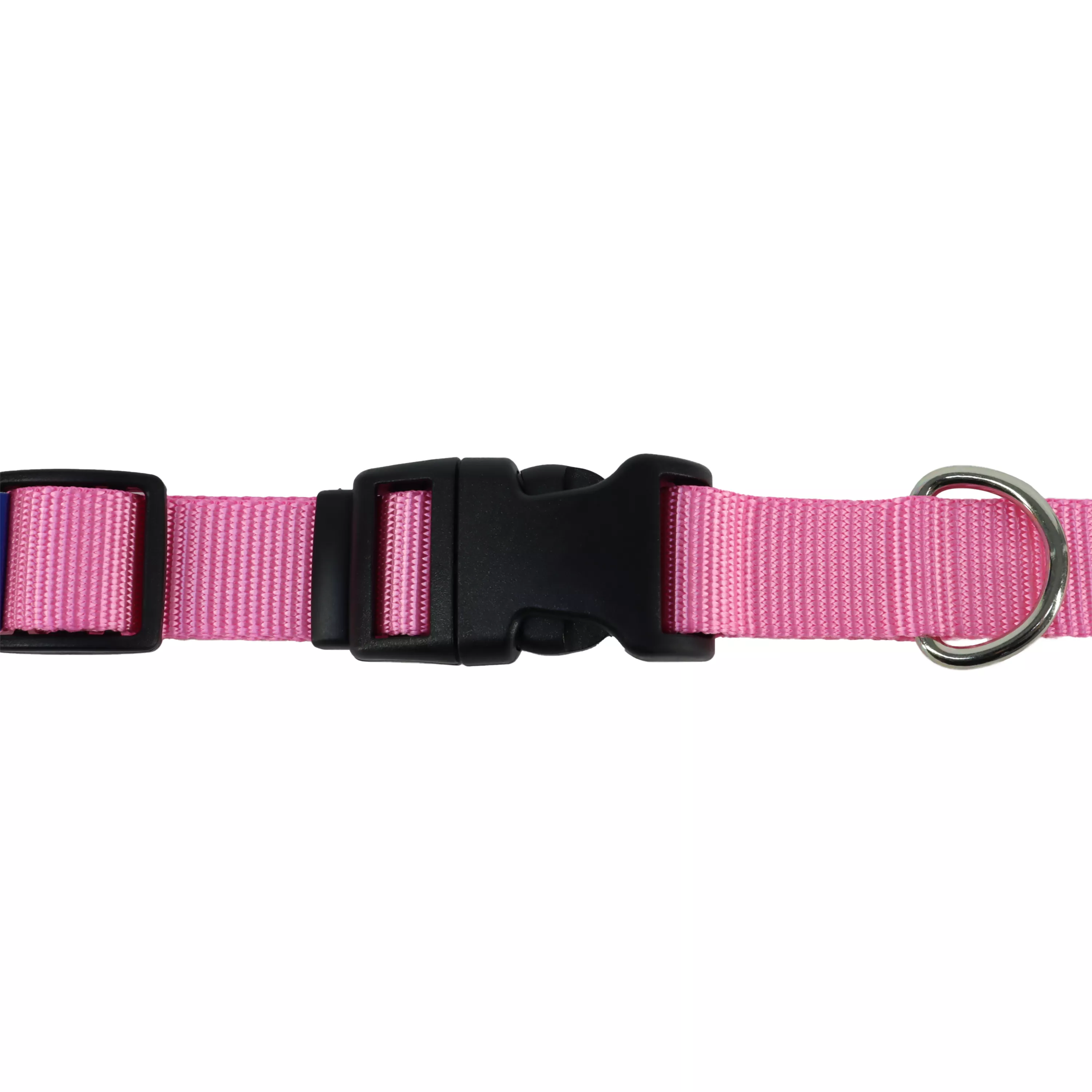 A product‑only image of a light pink adjustable dog collar displayed against a white background. The collar is made of woven nylon with a soft pink color and a horizontal ribbed texture. A black plastic side‑release buckle is positioned at the center. A black plastic adjustment slider is attached along the strap. A metal D‑ring with a pink finish is secured to the collar with a folded and stitched strap loop.