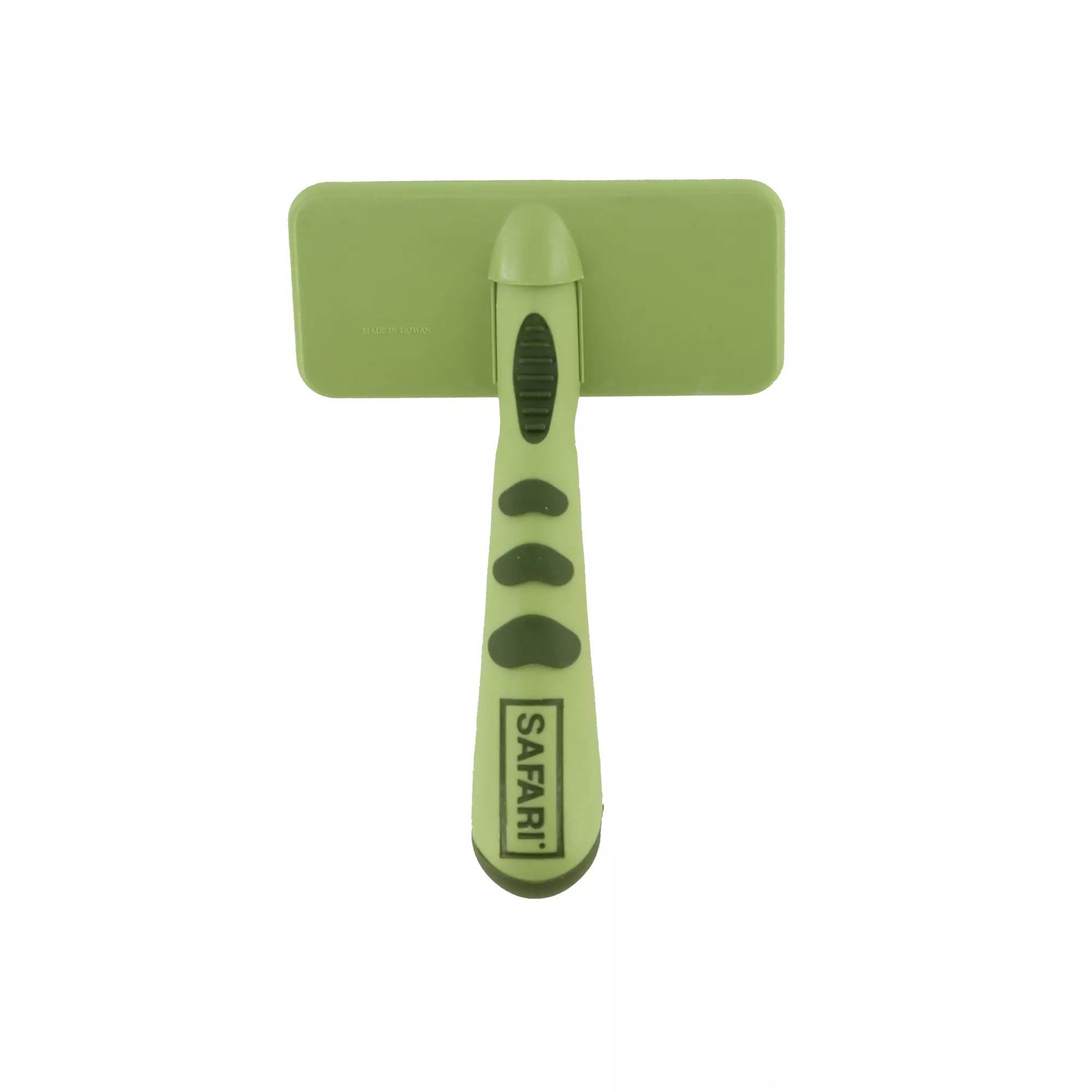 A soft slicker brush displayed upright on a white background. The light green handle includes darker green textured grip inserts along the front. Printed text “SAFARI®” appears near the bottom of the handle.