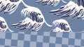 A swatch showing a layered blue pattern combining ocean‑themed illustration with geometric checkers. The top half features stylized white wave crests outlined in navy on a medium‑blue background. Below the waves is a row of light‑blue and white checkered squares, creating a clean, graphic separation. The textures appear printed and smooth, with bold contrast between deep blue, sky blue, and white.