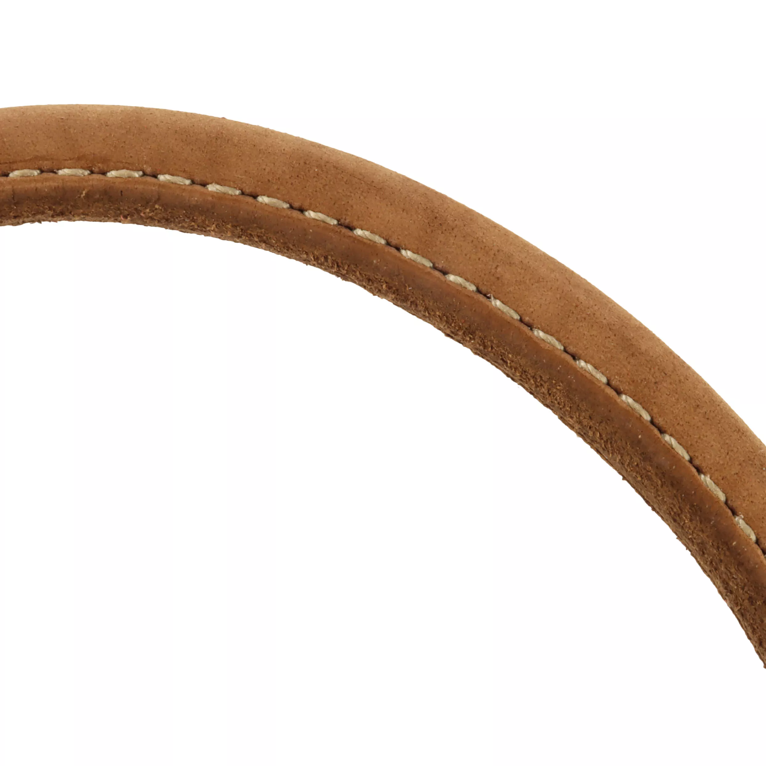 A close‑up view of the Circle T® Rustic Leather Round Dog Collar in Chocolate highlights a section of the rounded leather strap against a white background. The chocolate‑brown leather shows natural grain and smooth burnished edges. Stitching along the reinforced seam is visible, and the rounded shape emphasizes comfort and durability.