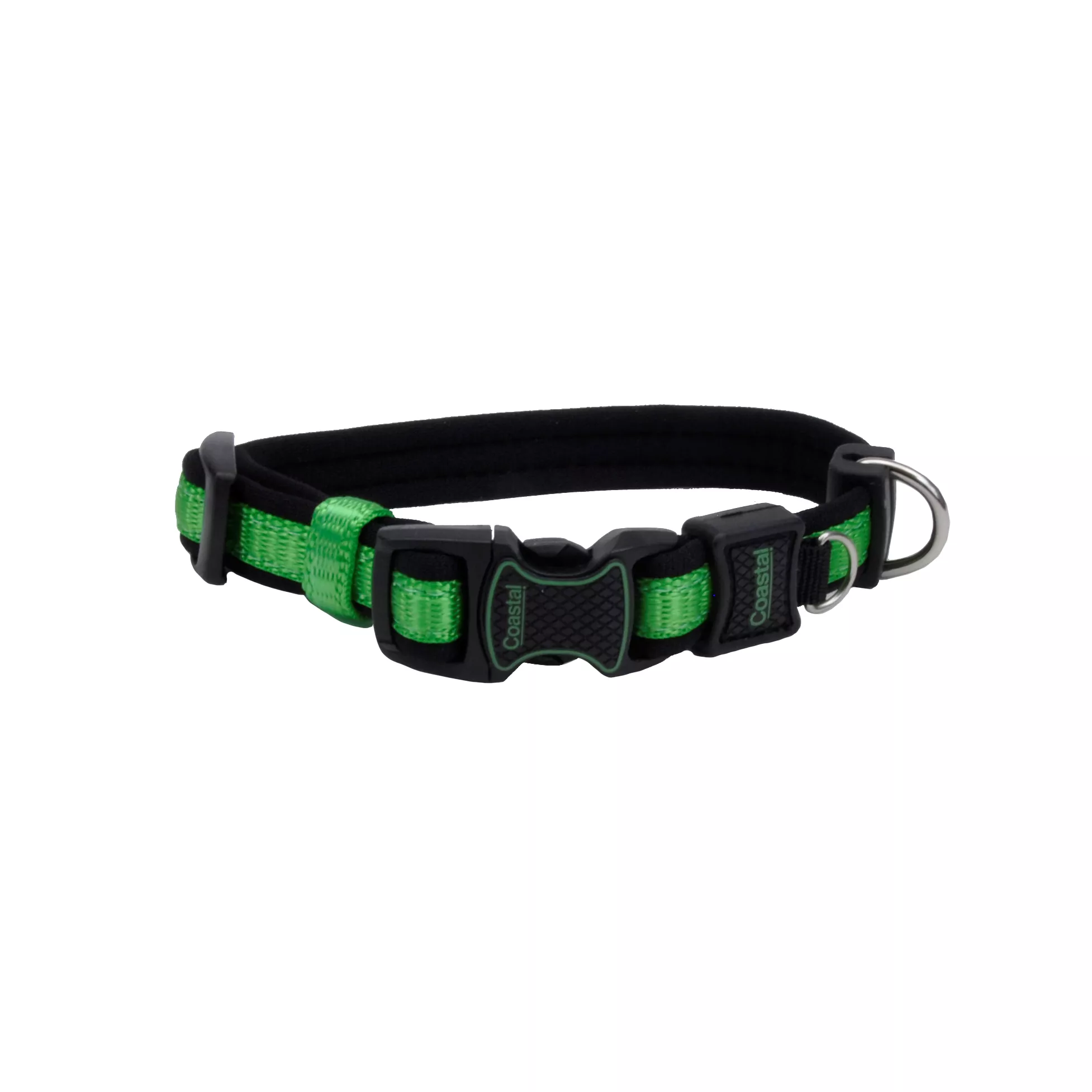 A green dog collar is displayed against a white background. It has a green woven strap with black trim, a black plastic buckle, and a small metal ring attached near the buckle. A black adjustment slider is positioned along the strap.