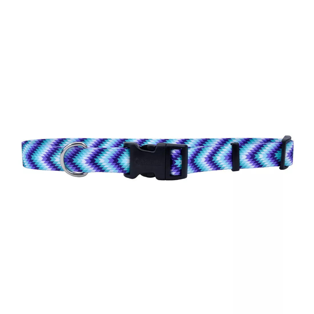 A product image of an adjustable dog collar displayed on a white background. The strap features a repeating zigzag pattern made of alternating teal and purple diamond shapes. The buckle is black plastic with a curved shape, and a black metal D‑ring is attached near the buckle. The collar is arranged in an oval form.