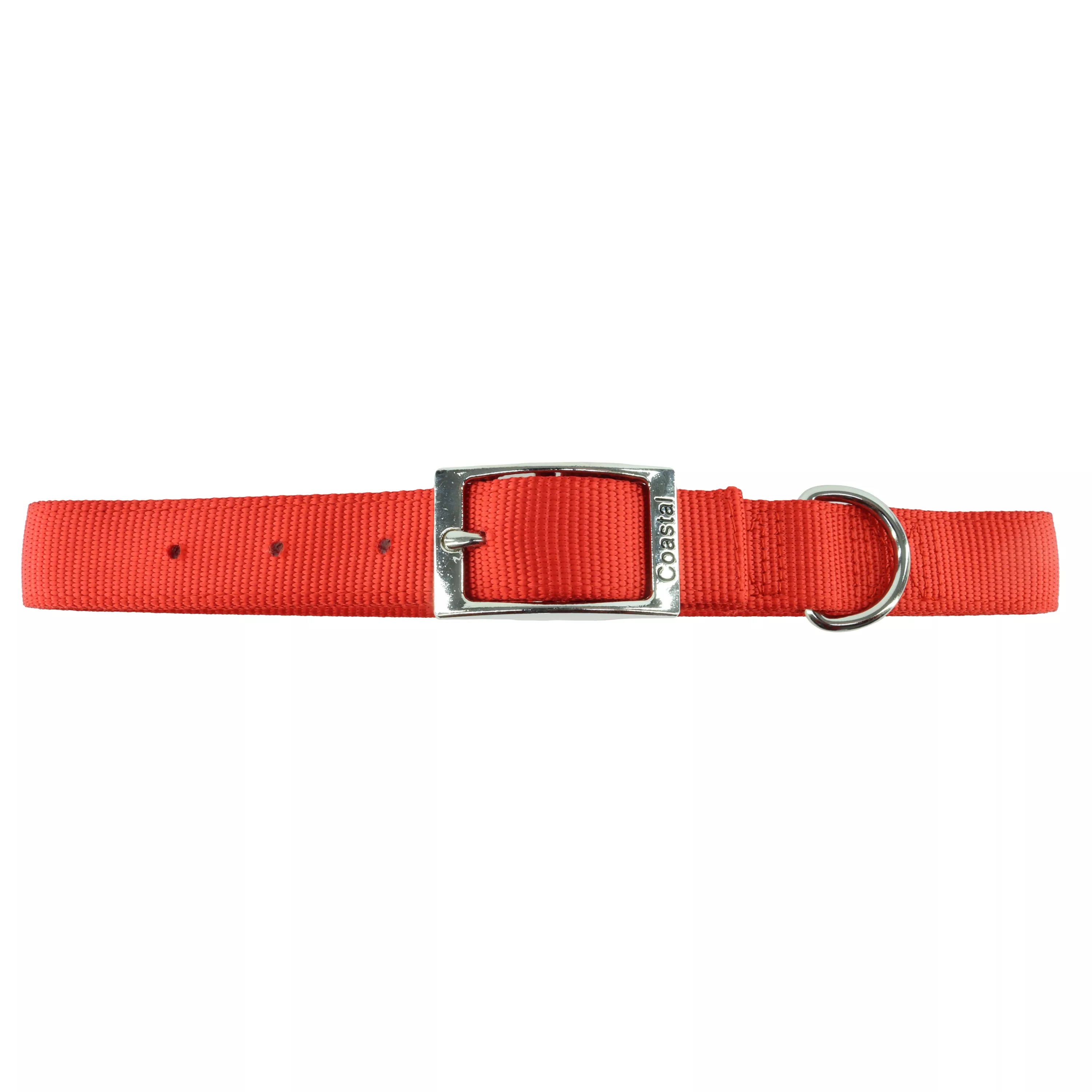 A product‑only image of a red double‑ply dog collar displayed against a white background. The collar is made of thick woven nylon with a ribbed texture. A silver‑tone metal buckle with round sizing holes is centered on the collar, and a matching silver‑tone metal D‑ring is attached next to the buckle using a folded and stitched strap loop. The collar is shown lying flat.