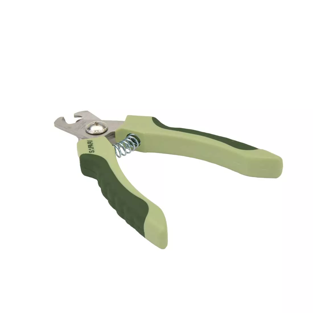 A professional dog nail trimmer displayed on a white background. The trimmer has two curved stainless‑steel blades forming a semicircular cutting edge at the top. The handles are contoured light green plastic with darker green rubber grip sections. A metal spring connects the handles near the hinge.