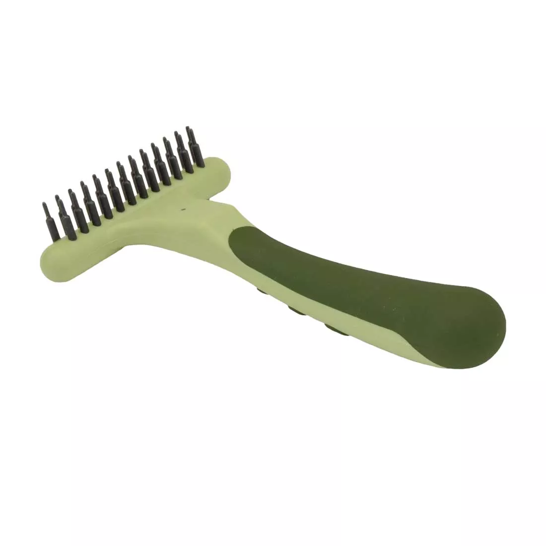 A single row undercoat rake shown at a three‑quarter angle on a white background. The grooming head consists of a single row of long evenly spaced metal pins attached to a rectangular plastic spine. The handle is contoured light green plastic with darker green rubber grip sections along the underside.