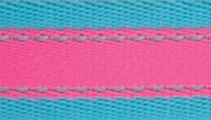 A swatch featuring a woven strap design in alternating bands of teal and bright fuchsia. The center section is solid fuchsia with a textured weave, flanked by teal outer bands. Thin lines of darker stitching run along the edges, reinforcing the structure while creating subtle contrast between the two vibrant colors.