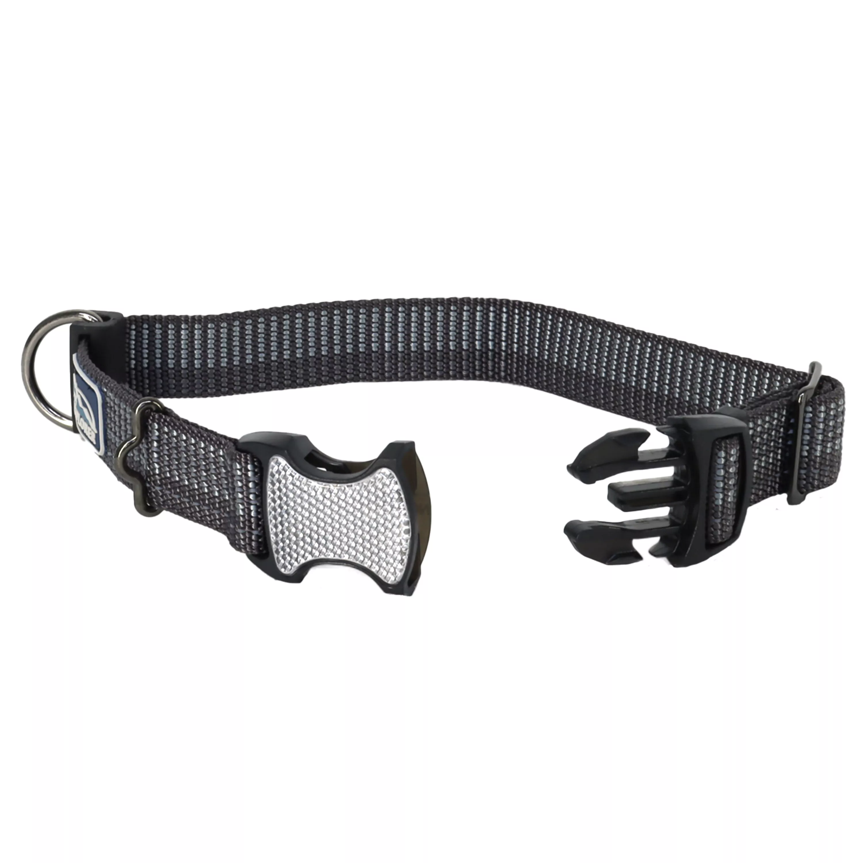 A gray adjustable dog collar is shown on a white background. It features gray woven webbing with reflective stitching and a silver metal D‑ring attached to one side. The collar includes a gray plastic side‑release buckle and a gray plastic adjustment slider. A brand tag is sewn into the outer face of the collar.