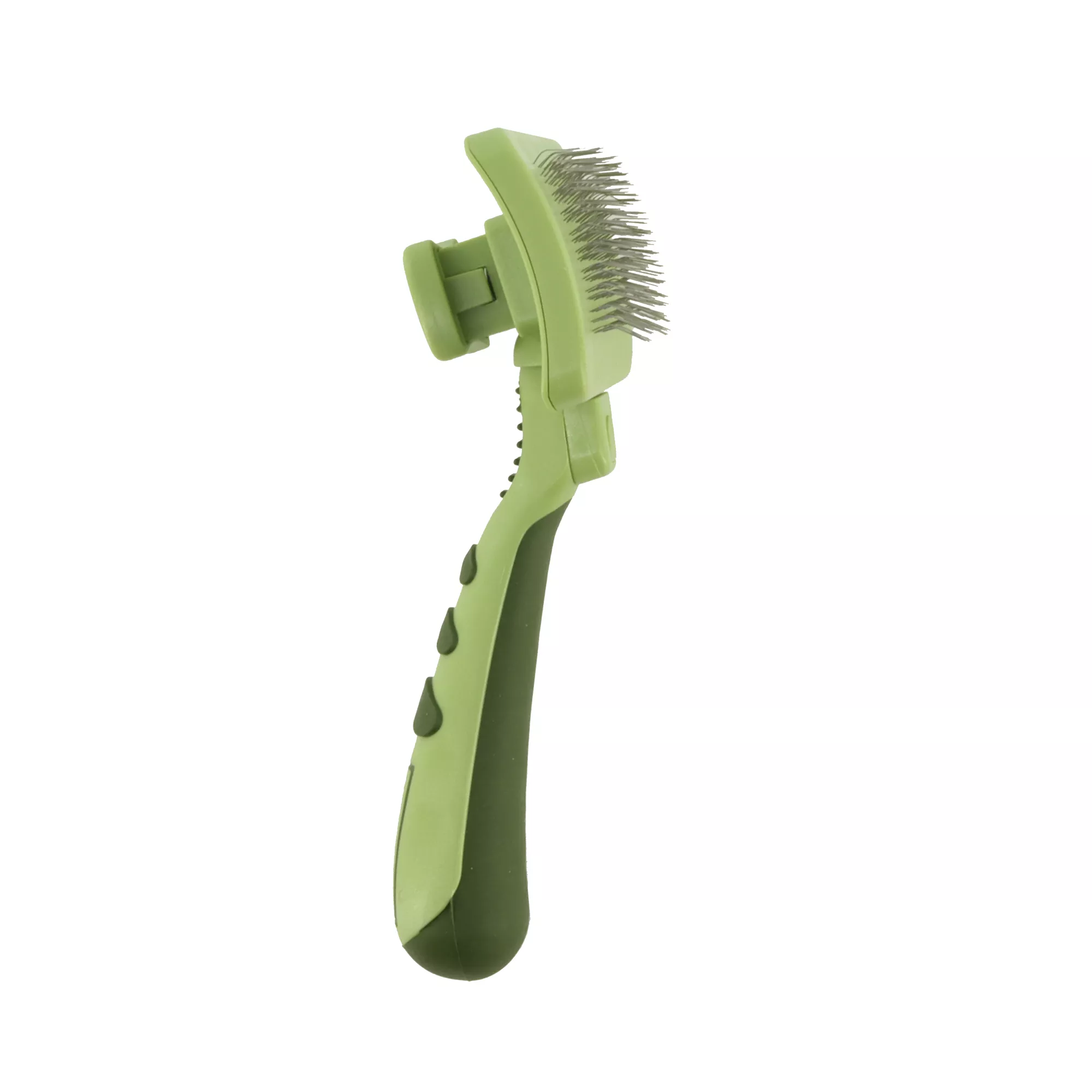 A pale green self‑cleaning slicker brush is displayed at a slight angle against a white background. The rectangular brush head contains closely spaced metal bristles. The handle has darker green grip inserts and an ergonomic curve.