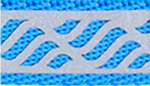A swatch displaying a woven blue textile with a repeating wave motif. The background consists of bright aqua material. Layered over this is a pattern of softly curved light‑blue wave shapes made out of reflective gray material. The colors are vivid and ocean‑inspired, with the stitching giving the design a dimensional, fabric‑rich appearance.