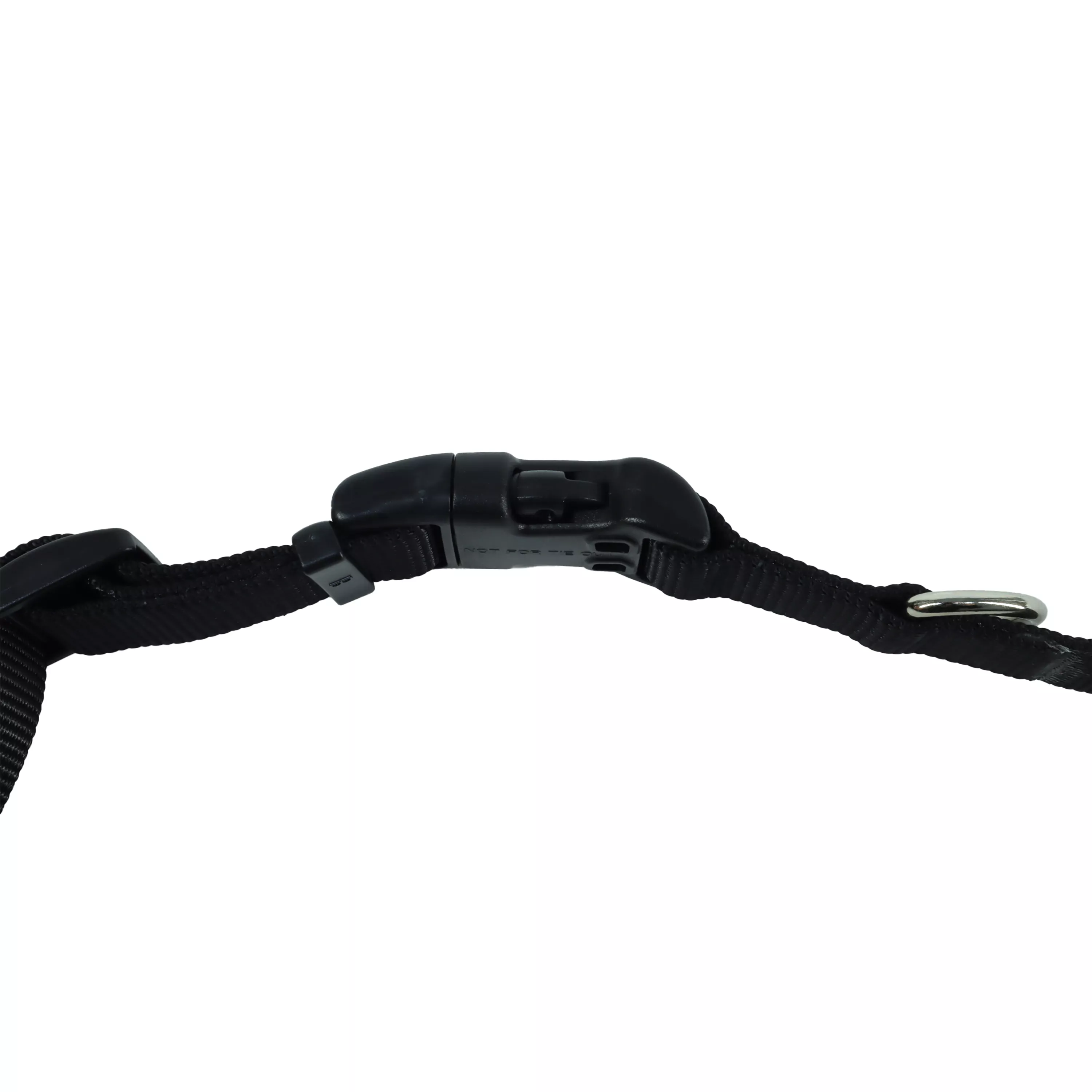 A close‑up product‑only image of a black adjustable dog collar displayed against a white background. The collar is made of woven nylon with a ribbed texture. A black plastic side‑release buckle is located at the front, and a black plastic adjustment slider is positioned along the strap. A silver‑tone metal D‑ring is secured with a folded strap section stitched in place.